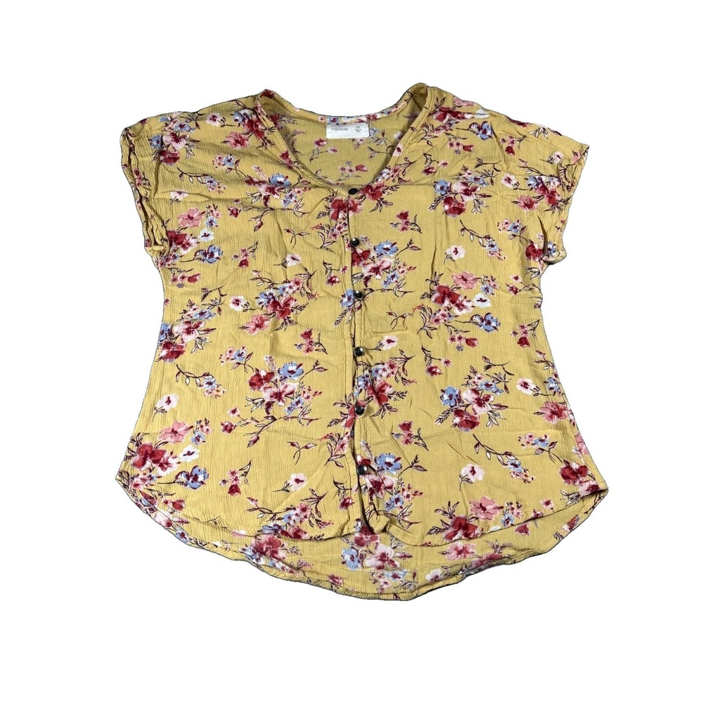 Maurices Womens XS Pink Yellow Blossom Floral Cap Sleeve Rayon Button Up Shirt